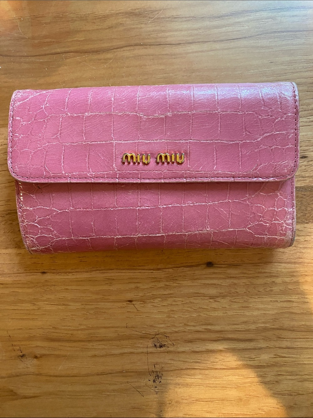 Miu Miu Pink Croc-Embossed Leather Continental Wallet with Gold Logo